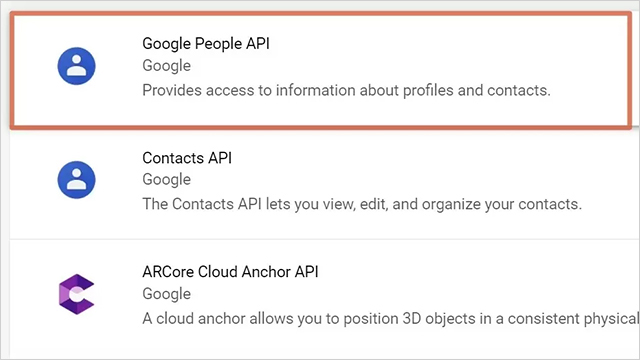 5. Select “Google People API”, and click “Enable” after entering the page.